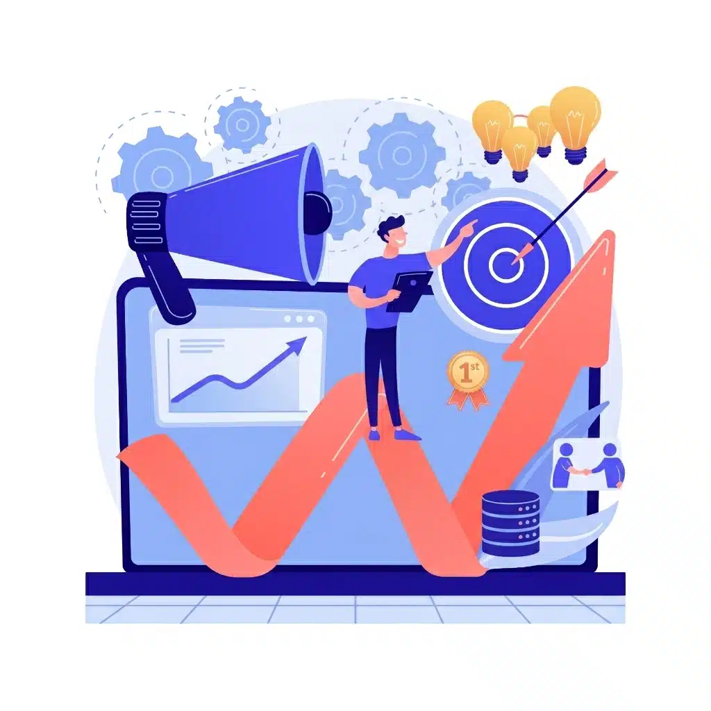 une illustration montrant des campagnes marketing symbolisées par une base de données, des courbes d'analytics et une cible marketing