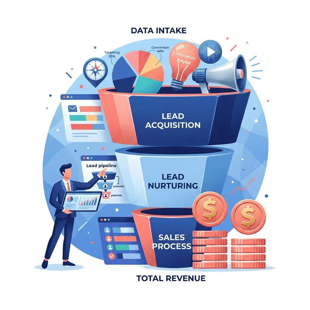 une illustration montrant un funnel de vente comprenant l'acquisition de lead en haut du tunnel, le lead nurturing puis le process de vente en fin de funnel