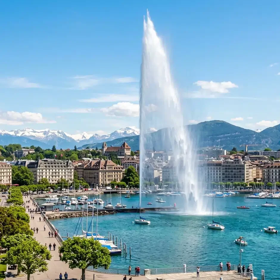 ville de Genève avec le jet d'eau au centre du lac Léman